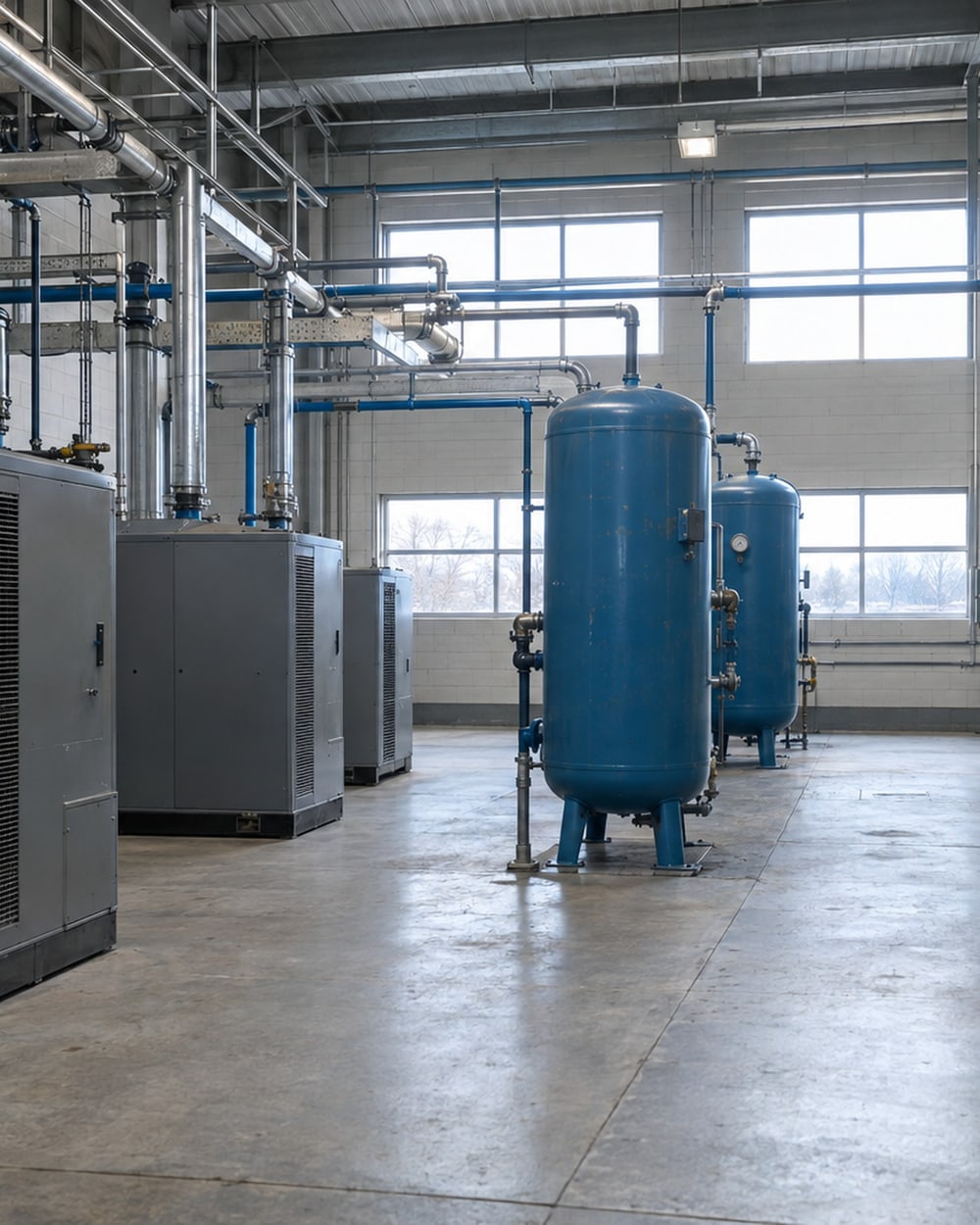 AI-generated render of a compressor room viewed from its doorway, with air receivers and overhead pipework.