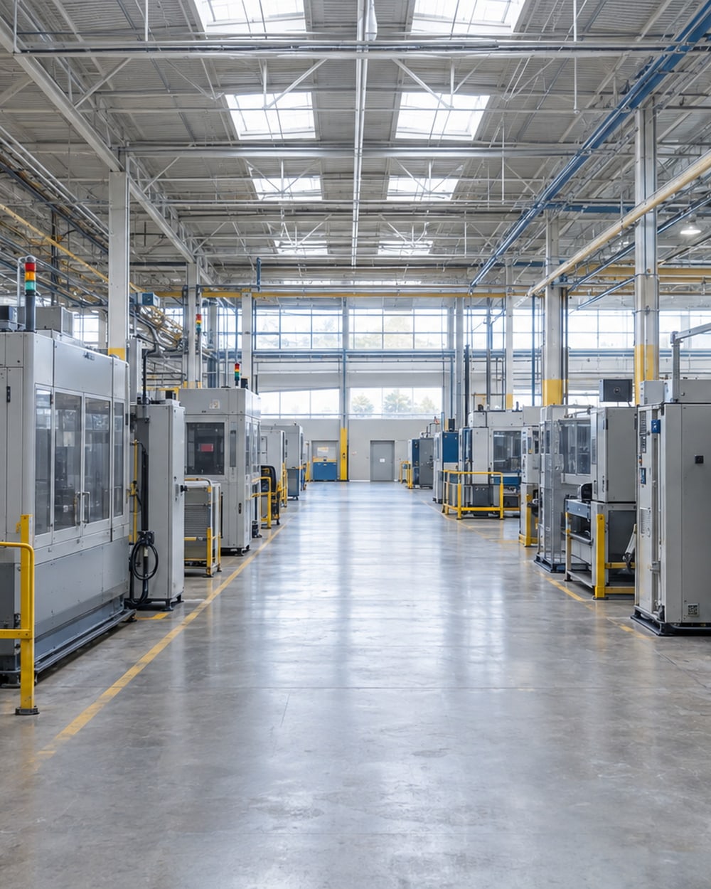 AI-generated render of a factory production hall with enclosed machines beneath roof lights.