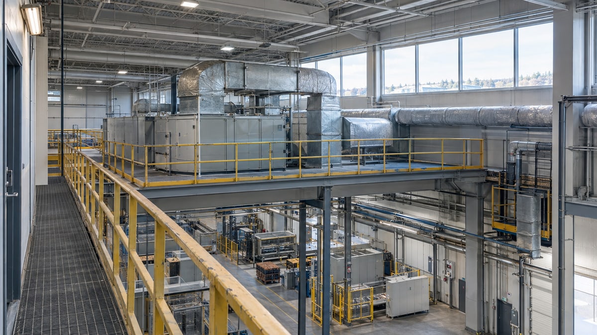AI-generated render of a factory utilities mezzanine overlooking ventilation equipment.