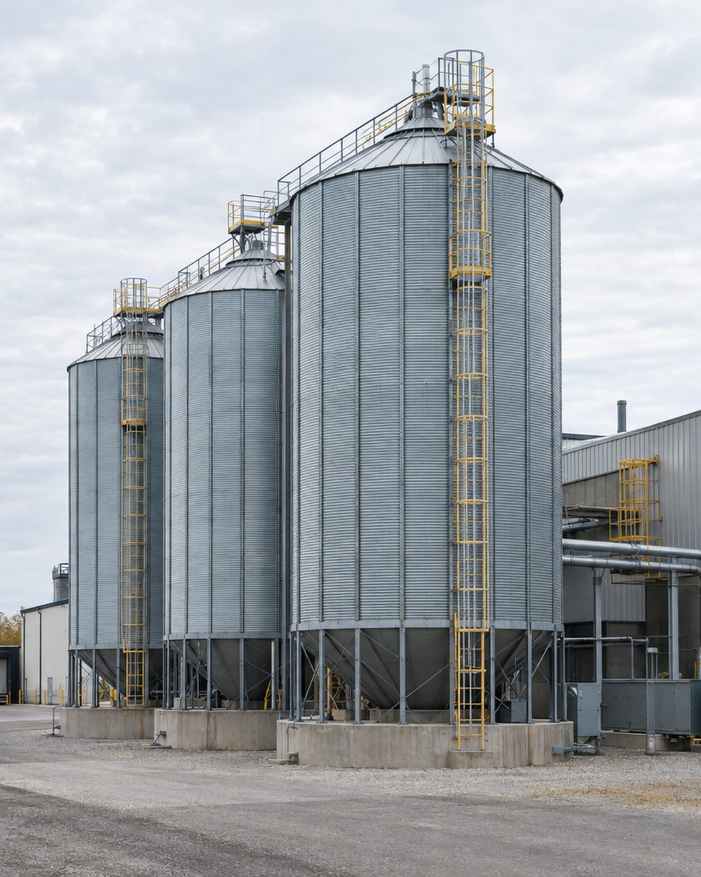 AI-generated render of a silo yard beside a Canadian factory, viewed from ground level.