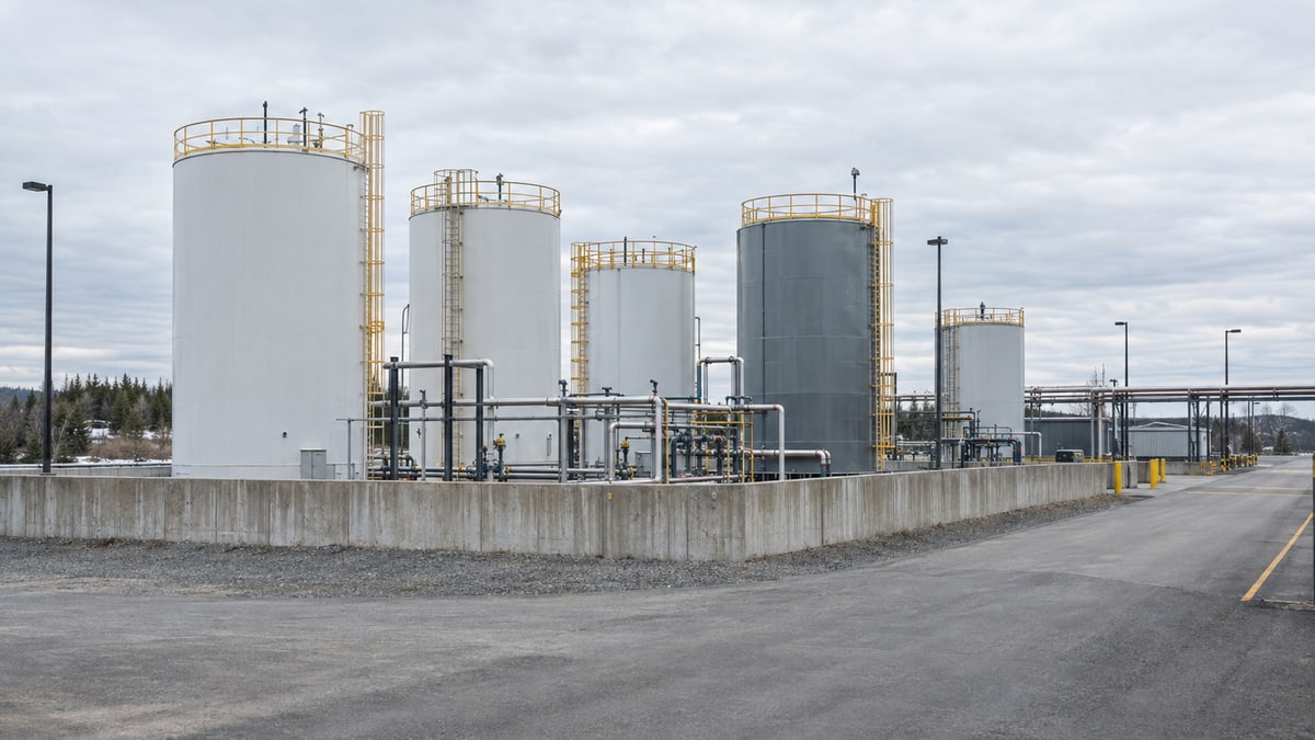 AI-generated render of a storage-tank yard with containment walls and delivery access.