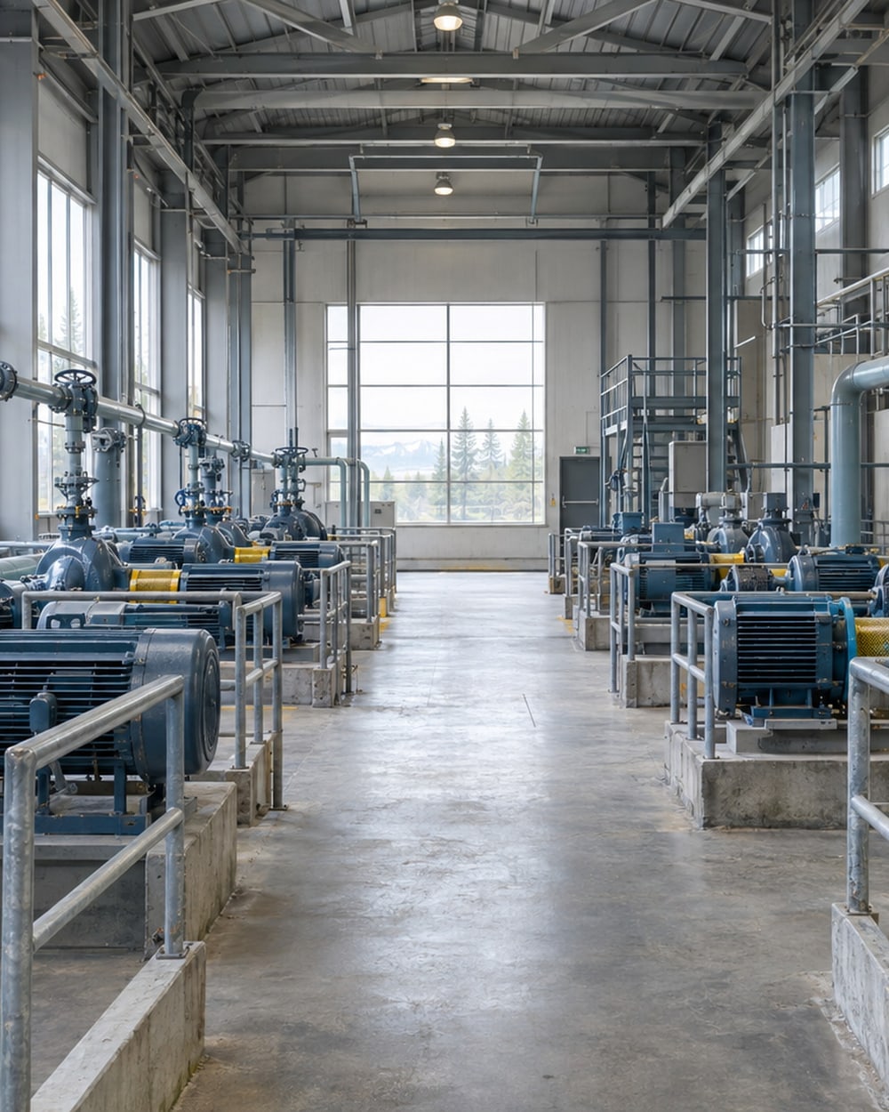 AI-generated render of a pump hall with pipework, guarded drives and clear maintenance aisles.