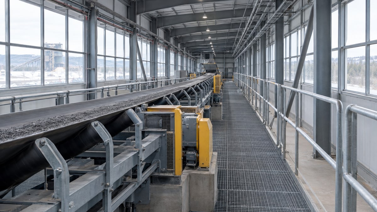 AI-generated render of a bulk-handling conveyor gallery with enclosed drive areas and walkways.