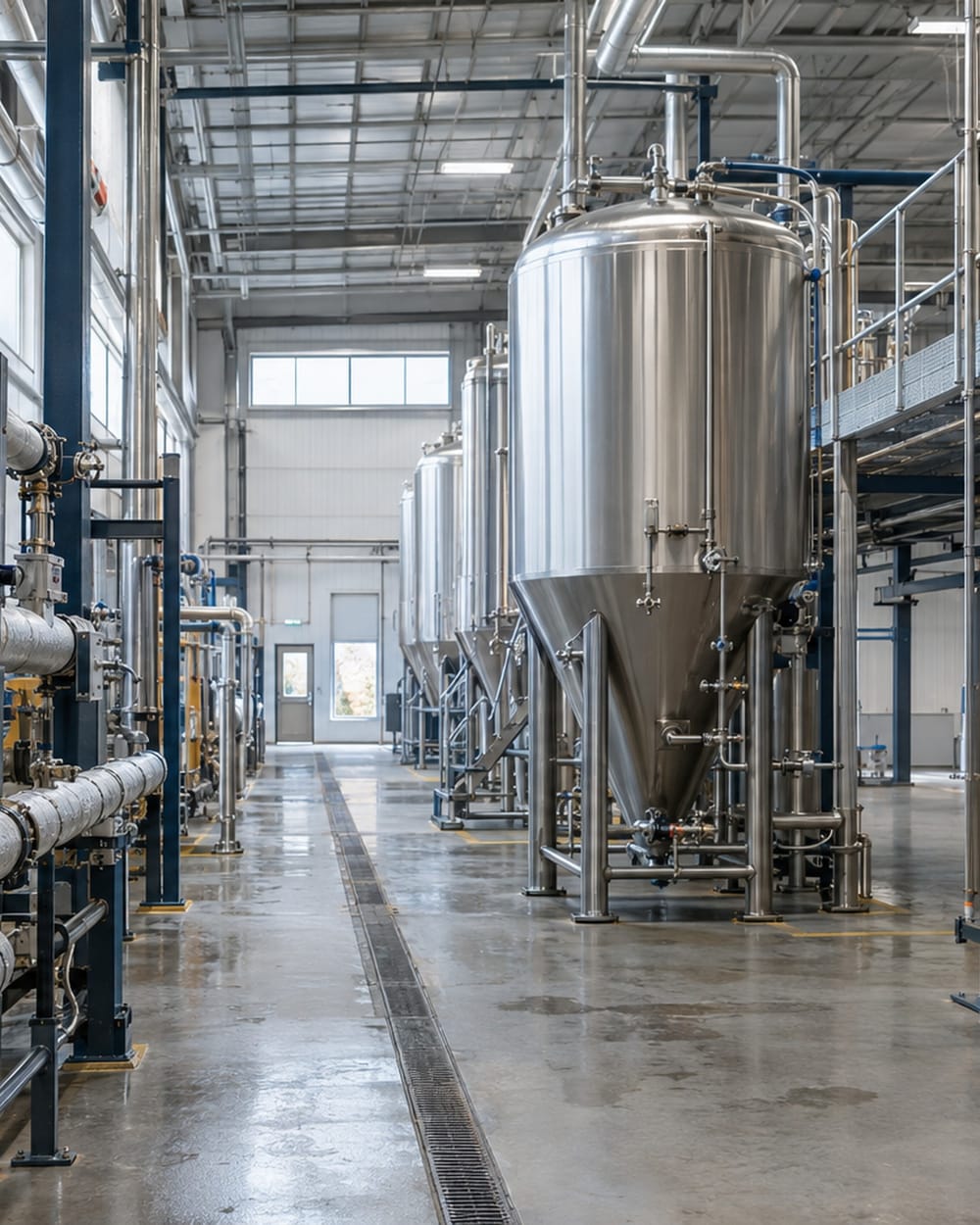 AI-generated render of a brewery utility aisle with water pipework and stainless vessels.