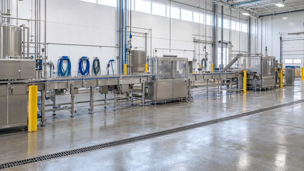 AI-generated render of a factory washdown area with stainless process lines and floor drains.